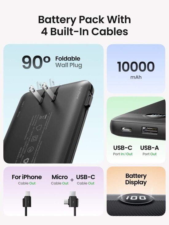 OBJLGEV Portable Charger with Built-in Cables Slim 10000mAh  Slim Portable Charger Power Bank 10000mAh with Built-in Cables & LED Display